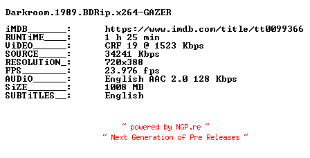NFO for the release Darkroom.1989.BDRip.x264-GAZER by GAZER