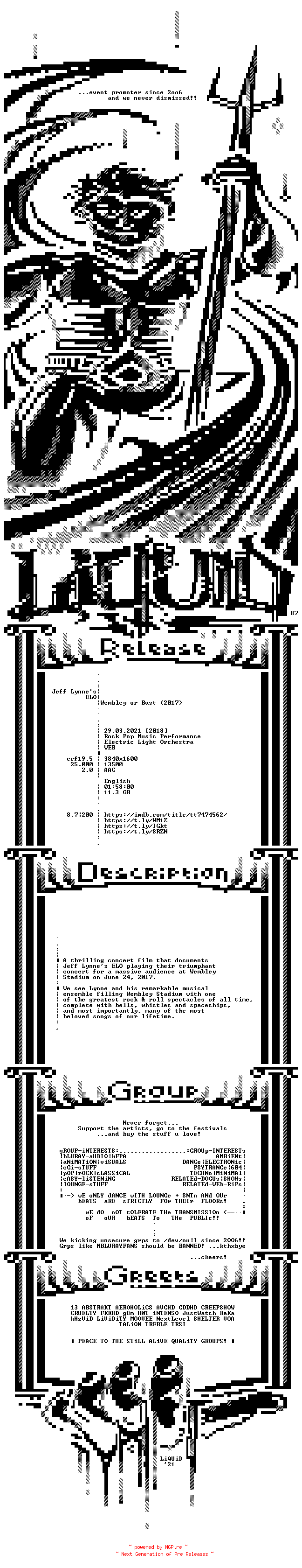 NFO for the release Jeff.Lynnes.Elo.Wembley.or.Bust.2017.2160p.WEBRip.x265-LiQUiD by LiQUiD