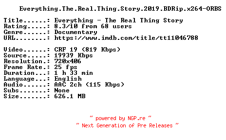 NFO for the release Everything.The.Real.Thing.Story.2019.BDRip.x264-ORBS by ORBS