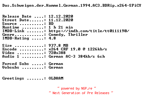 NFO for the release Das.Schweigen.der.Hammel.German.1994.AC3.BDRip.x264-SPiCY by SPiCY