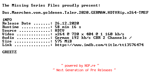 NFO for the release Das.Maerchen.vom.goldenen.Taler.2020.GERMAN.HDTVRip.x264-TMSF by TMSF