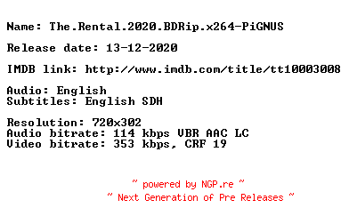 NFO for the release The.Rental.2020.BDRip.x264-PiGNUS by PiGNUS