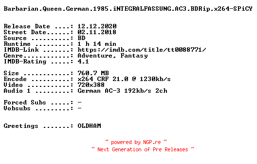 NFO for the release Barbarian.Queen.German.1985.iNTEGRALFASSUNG.AC3.BDRip.x264-SPiCY by SPiCY