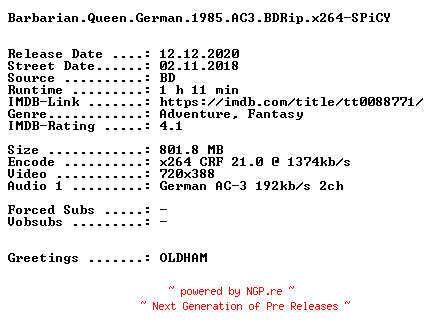 NFO for the release Barbarian.Queen.German.1985.AC3.BDRip.x264-SPiCY by SPiCY