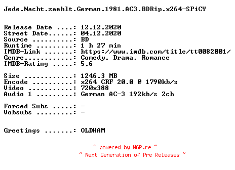 NFO for the release Jede.Nacht.zaehlt.German.1981.AC3.BDRip.x264-SPiCY by SPiCY