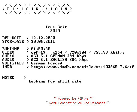 NFO for the release True.Grit.German.2010.DL.BDRiP.x264.iNTERNAL-FiSSiON by FiSSiON