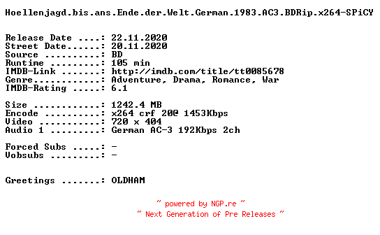 NFO for the release Hoellenjagd.bis.ans.Ende.der.Welt.German.1983.AC3.BDRip.x264-SPiCY by SPiCY