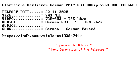 NFO for the release Glorreiche.Verlierer.German.2019.AC3.BDRip.x264-ROCKEFELLER by ROCKEFELLER