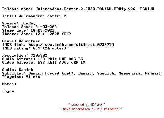 NFO for the release Julemandens.Datter.2.2020.DANiSH.BDRip.x264-RCDiVX by RCDiVX