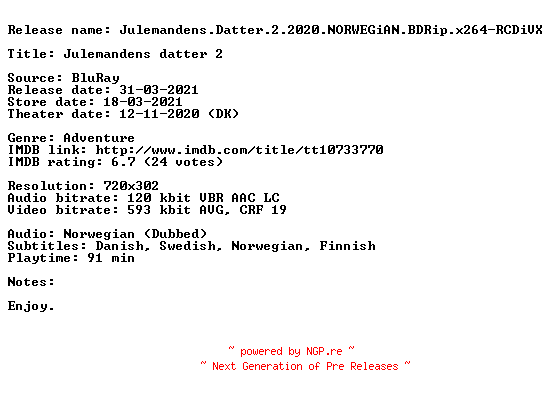 NFO for the release Julemandens.Datter.2.2020.NORWEGiAN.BDRip.x264-RCDiVX by RCDiVX