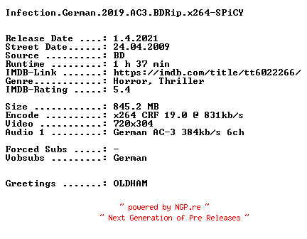 NFO for the release Infection.German.2019.AC3.BDRip.x264-SPiCY by SPiCY