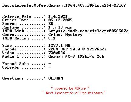 NFO for the release Das.siebente.Opfer.German.1964.AC3.BDRip.x264-SPiCY by SPiCY