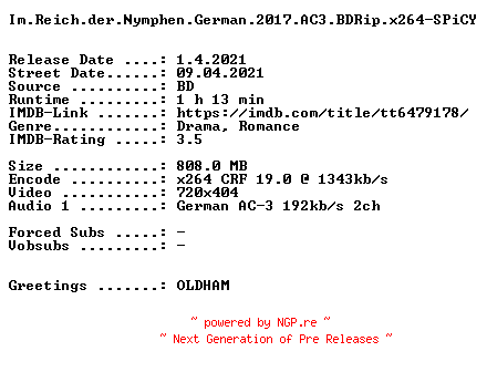 NFO for the release Im.Reich.der.Nymphen.German.2017.AC3.BDRip.x264-SPiCY by SPiCY