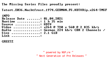 NFO for the release Tatort.E036.Nachtfrost.1974.GERMAN.FS.HDTVRip.x264-TMSF by TMSF