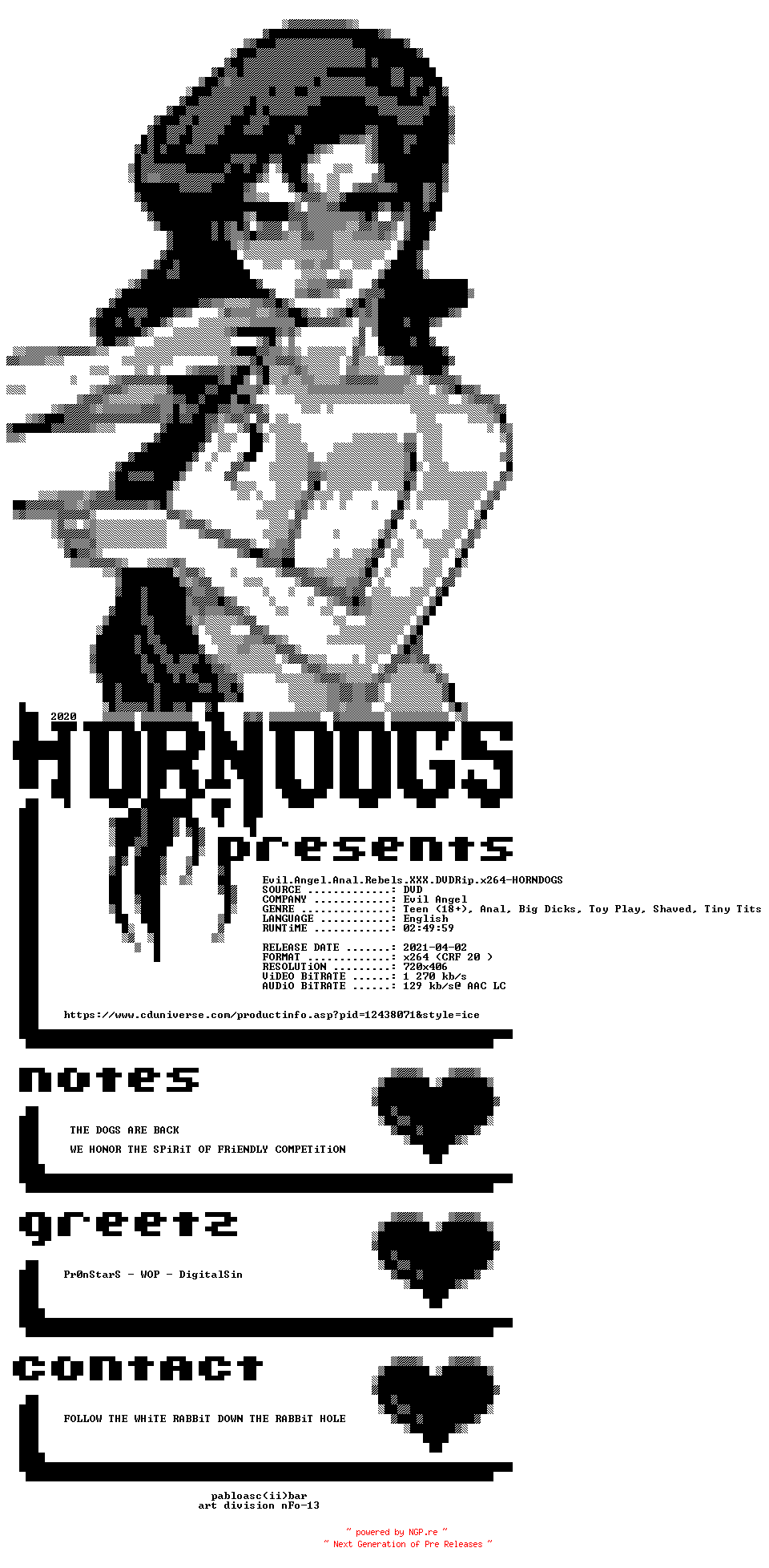 NFO for the release Evil.Angel.Anal.Rebels.XXX.DVDRip.x264-HORNDOGS by HORNDOGS