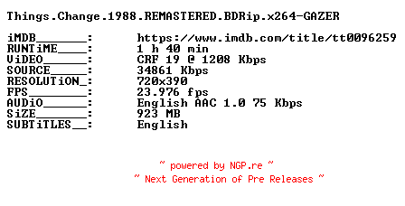 NFO for the release Things.Change.1988.REMASTERED.BDRip.x264-GAZER by GAZER