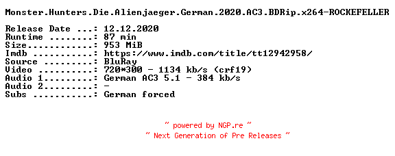 NFO for the release Monster.Hunters.Die.Alienjaeger.German.2020.AC3.BDRip.x264-ROCKEFELLER by ROCKEFELLER