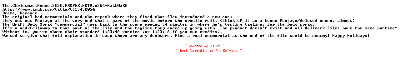 NFO for the release The.Christmas.House.2020.PROPER.HDTV.x264-HaLLMaRK by HaLLMaRK