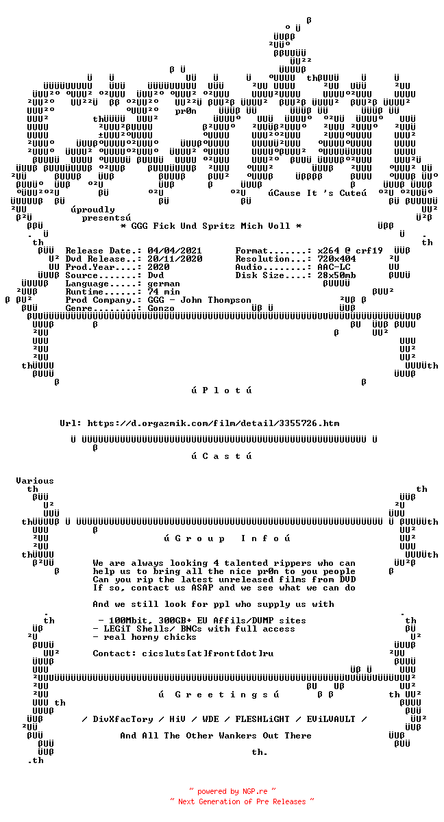 NFO for the release GGG.Fick.Und.Spritz.Mich.Voll.German.XXX.DVDRip.x264-CiCXXX by CiCXXX