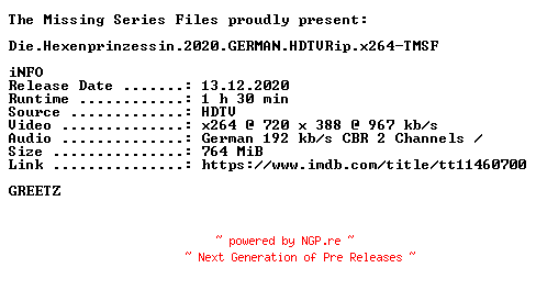 NFO for the release Die.Hexenprinzessin.2020.GERMAN.HDTVRip.x264-TMSF by TMSF