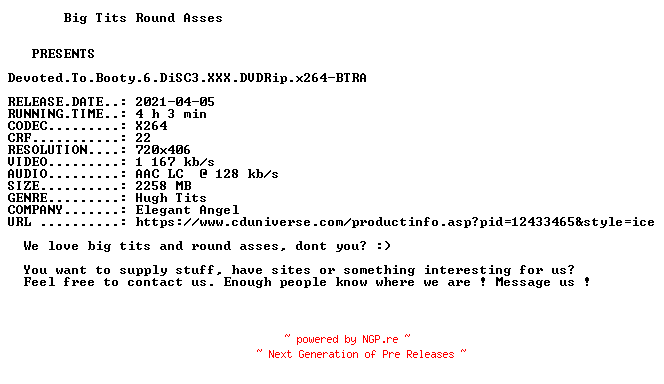 NFO for the release Devoted.To.Booty.6.DiSC3.XXX.DVDRip.x264-BTRA by BTRA