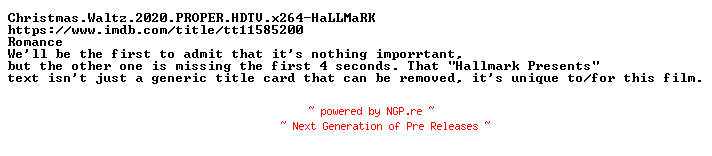 NFO for the release Christmas.Waltz.2020.PROPER.HDTV.x264-HaLLMaRK by HaLLMaRK