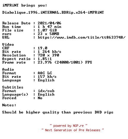 NFO for the release Diabolique.1996.iNTERNAL.BDRip.x264-iMPRiNT by iMPRiNT