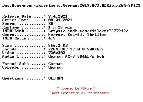 NFO for the release Das.Honeymoon-Experiment.German.2019.AC3.BDRip.x264-SPiCY by SPiCY