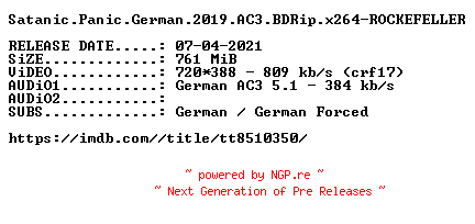 NFO for the release Satanic.Panic.German.2019.AC3.BDRip.x264-ROCKEFELLER by ROCKEFELLER