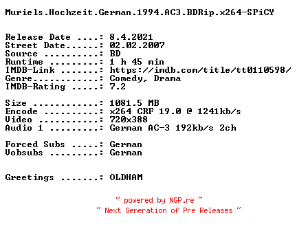 NFO for the release Muriels.Hochzeit.German.1994.AC3.BDRip.x264-SPiCY by SPiCY