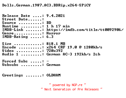 NFO for the release Dolls.UNCUT.German.1987.AC3.BDRip.x264-SPiCY by SPiCY
