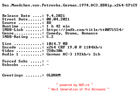 NFO for the release Das.Maedchen.von.Petrovka.German.1974.AC3.BDRip.x264-SPiCY by SPiCY