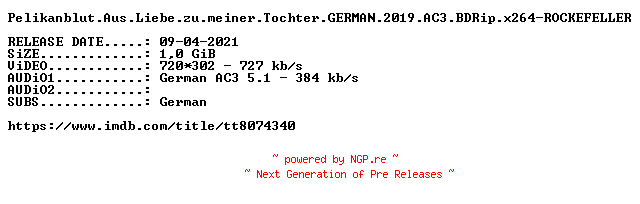 NFO for the release Pelikanblut.Aus.Liebe.zu.meiner.Tochter.GERMAN.2019.AC3.BDRip.x264-ROCKEFELLER by ROCKEFELLER