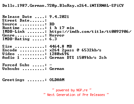NFO for the release Dolls.UNCUT.1987.German.720p.BluRay.x264.iNTERNAL-SPiCY by SPiCY