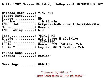 NFO for the release Dolls.UNCUT.1987.German.DL.1080p.BluRay.x264.iNTERNAL-SPiCY by SPiCY