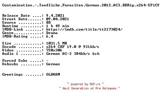 NFO for the release Contamination.-.Toedliche.Parasiten.German.2012.AC3.BDRip.x264-SPiCY by SPiCY