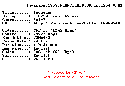 NFO for the release Invasion.1965.REMASTERED.BDRip.x264-ORBS by ORBS