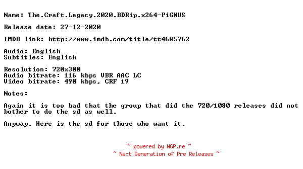 NFO for the release The.Craft.Legacy.2020.BDRip.x264-PiGNUS by PiGNUS