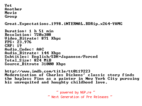 NFO for the release Great.Expectations.1998.iNTERNAL.BDRip.x264-YAMG by YAMG