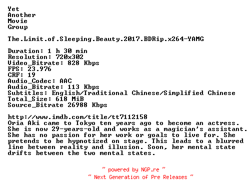 NFO for the release The.Limit.of.Sleeping.Beauty.2017.BDRip.x264-YAMG by YAMG