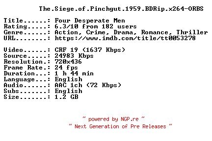 NFO for the release The.Siege.of.Pinchgut.1959.BDRip.x264-ORBS by ORBS
