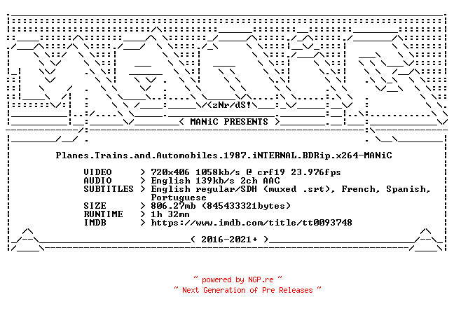 NFO for the release Planes.Trains.and.Automobiles.1987.iNTERNAL.BDRip.x264-MANiC by MANiC