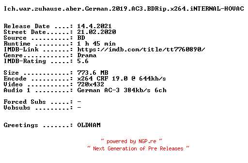 NFO for the release Ich.war.zuhause.aber.German.2019.AC3.BDRip.x264.iNTERNAL-HOVAC by HOVAC