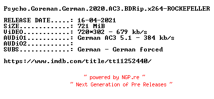 NFO for the release Psycho.Goreman.German.2020.AC3.BDRip.x264-ROCKEFELLER by ROCKEFELLER