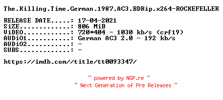 NFO for the release The.Killing.Time.German.1987.AC3.BDRip.x264-ROCKEFELLER by ROCKEFELLER