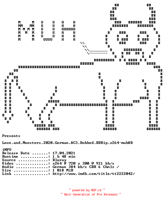 NFO for the release Love.and.Monsters.2020.German.AC3.Dubbed.BDRip.x264-muhHD by muhHD