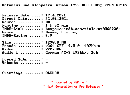 NFO for the release Antonius.und.Cleopatra.German.1972.AC3.BDRip.x264-SPiCY by SPiCY