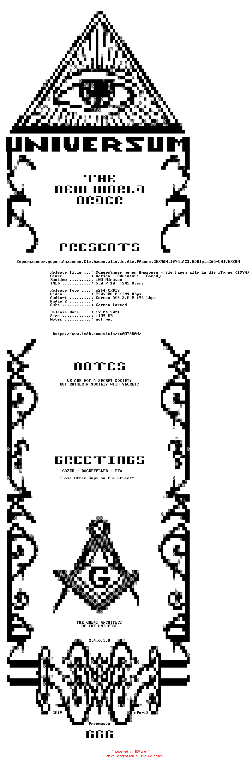 NFO for the release Supermaenner.gegen.Amazonen.Sie.hauen.alle.in.die.Pfanne.GERMAN.1974.AC3.BDRip.x264-UNiVERSUM by UNiVERSUM