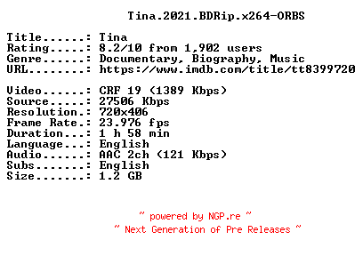 NFO for the release Tina.2021.BDRip.x264-ORBS by ORBS