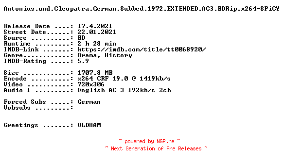 NFO for the release Antonius.und.Cleopatra.German.Subbed.1972.EXTENDED.AC3.BDRip.x264-SPiCY by SPiCY